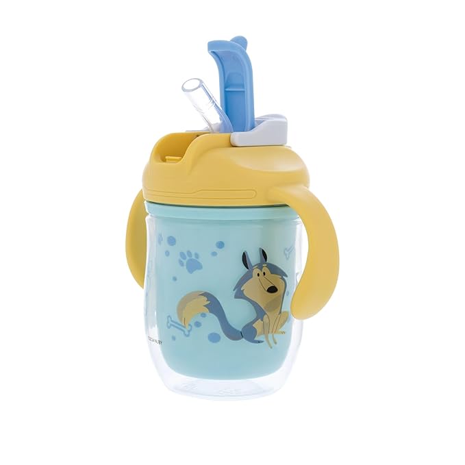 Nuby 2-in-1 Insulated Toddler Cup with 360° Weighted Straw & Hard Spout - 7 oz - Leak-Resistant with Easy Grip Handles - 4+ Months - Dogs
