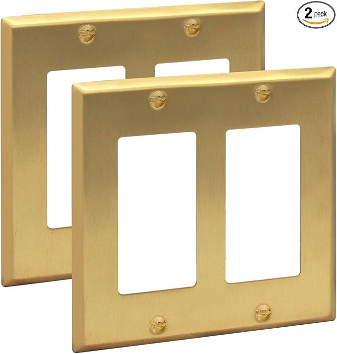 Rio Salto BRASS Signature Collection Brushed Brass Gold Metal Outlet Cover, Decorative Light Switch Cover Plate Wall Plate, Premium, Double Rocker Decorator 2-Gang, 4.56" x 4.50" Standard Size 2-Pack