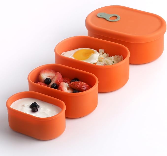 Premium Korean-Made Silicone Airtight Food Container with Steam Vent ??BPA Free, Leakproof, Microwave & Freezer Safe Meal Prep. & Leftovers Storage (Mandarin Orange, 4p Multi-Size Set)