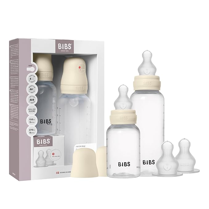 BIBS Baby Bottle Grow & Flow Starter Kit Silicone - Anti-Colic, BPA-Free, Round Nipple, Slow/Medium/Fast Flow, Lightweight & Easy to Clean, Suitable for Newborns 0+ Years - Ivory