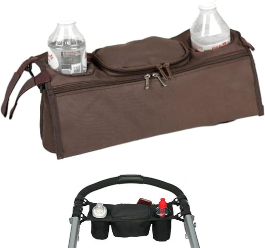 Stroller Organizer with 2 Insulated Cup Holder, Universal Stroller Caddy Accessories Zipper Design Durable Stroller Organizer Bag for All Baby Strollers (Brown)