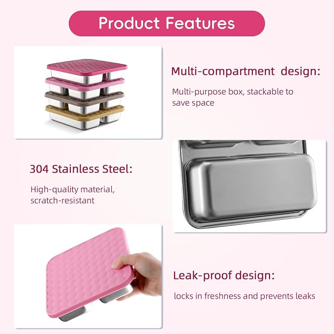 Tanjiae Stainless Steel Snack Containers with Lids, 20oz Multi-Compartment Leak Proof Small Bento Box for Kids & Toddlers - Reusable Metal Food Containers for School Lunch, Travel, Daycare