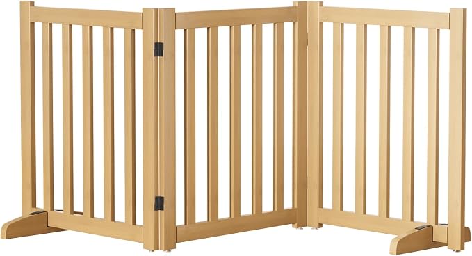 Wooden Freestanding Foldable Dog Gate, 24 Inch Height 3 Panel Pet Gate No Drill for Doorways Stairs, Fully Assembled Indoor Puppy Fence (Wood Color, 60" W x 24" H)