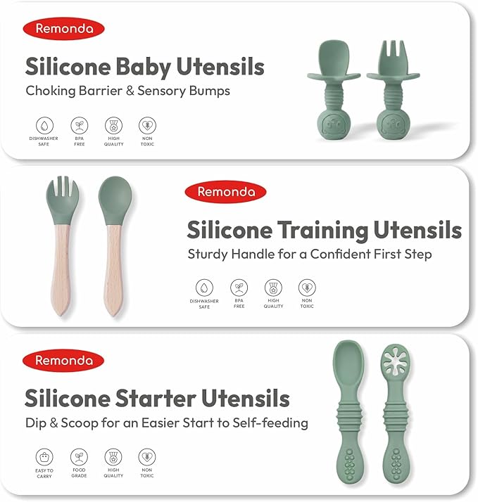 Remonda 23-Piece BPA-Free Silicone Baby Feeding Set | Extra Large Suction Plates, Toddler Bowls, Self Feeding Spoons, and More | Dishwasher Safe| Baby Led Weaning Supplies (Greenï¼?1
