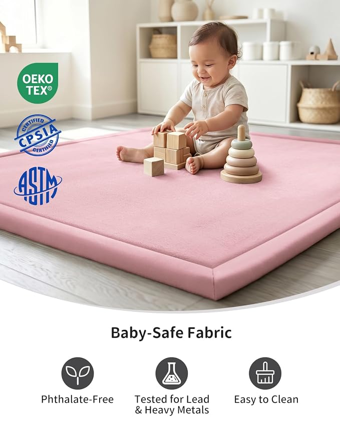 Goyuu Ultra Soft 1.3" Thick Baby Play Mat for Floor, 79x59 Playpen Mat Elasti-Foam Padded Crawling Mat for Babies, Toddlers, Infant, Kids, Non-Slip Backing Safe for Tummy Time Pink