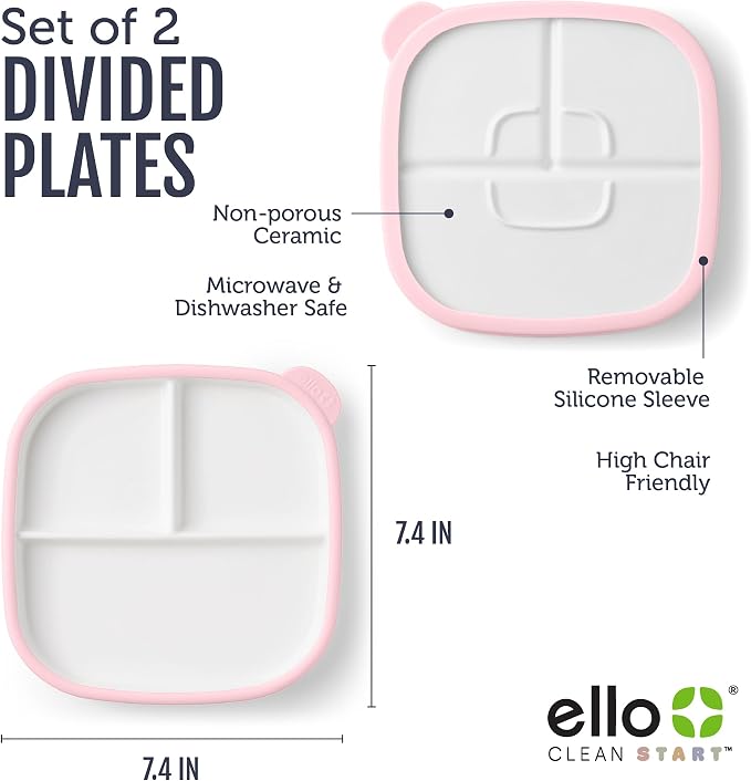 Ello Clean Start Toddler Breakfast Plate 2 Pack | BPA-Free Ceramic Plates with Divider & Silicone Sleeve for Babies/Toddlers| Microwave & Dishwasher Safe | High Chair Friendly | Cashmere Pink/Dune