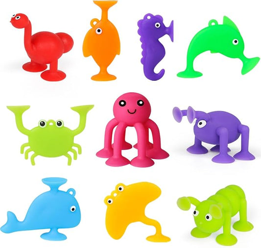 Suction Cup Kids Bath Toy for Baby Aged 3 4 5 Years Old, 10PCS Animal Bathtub Suckers for Toddler, Window Shower Tools, Montessori Gifts for Boys and Girls Age 6-8