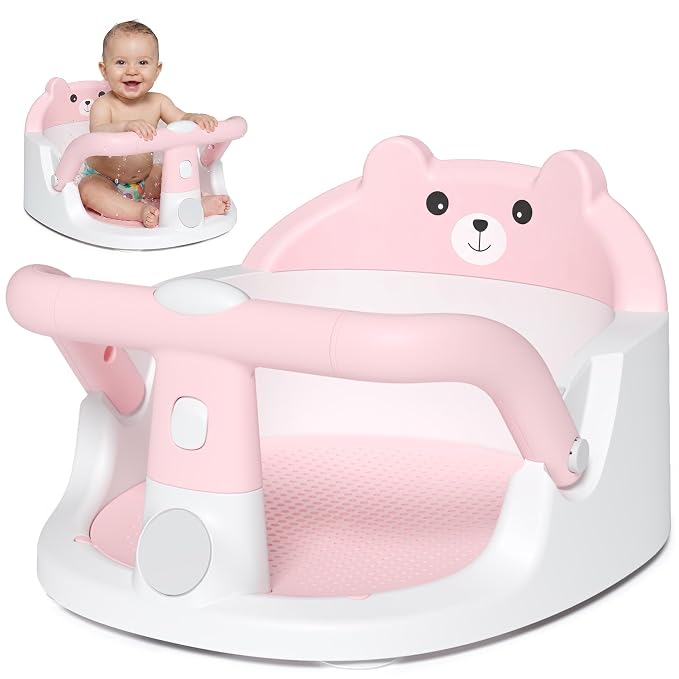 Baby Bath Seat for Babies 6 Months & Up, Non-Slip Toddler Bath Seat with Suction Cup, Baby Friendly and Comfortable Portable Infant Bathtub Chair Sitting Up for Bathroom (Pink)