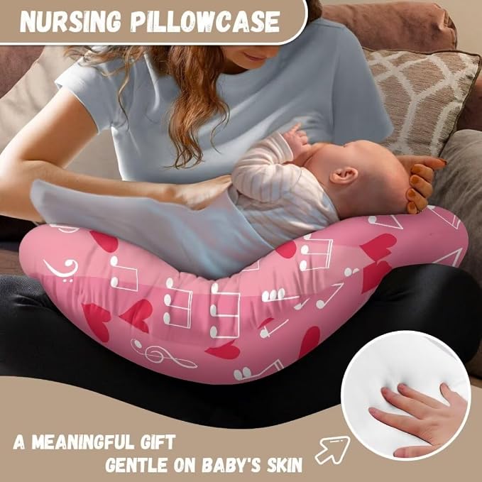 Nursing Pillow Cover for Baby Boy Girl, Stretchy Valentine Love Music Symbols Breastfeeding Pillow Slipcover, Lightweight Custom Gifts for Toddler Infant