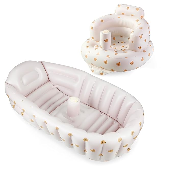 PandaEar 2 Pack Baby Inflatable Bathtub & Baby Seat for 3 Months+, Portable Travel Baby Infant Bath Tub and Infant Chair Toddler Floor Seats with Built in Air Pump for Newborn