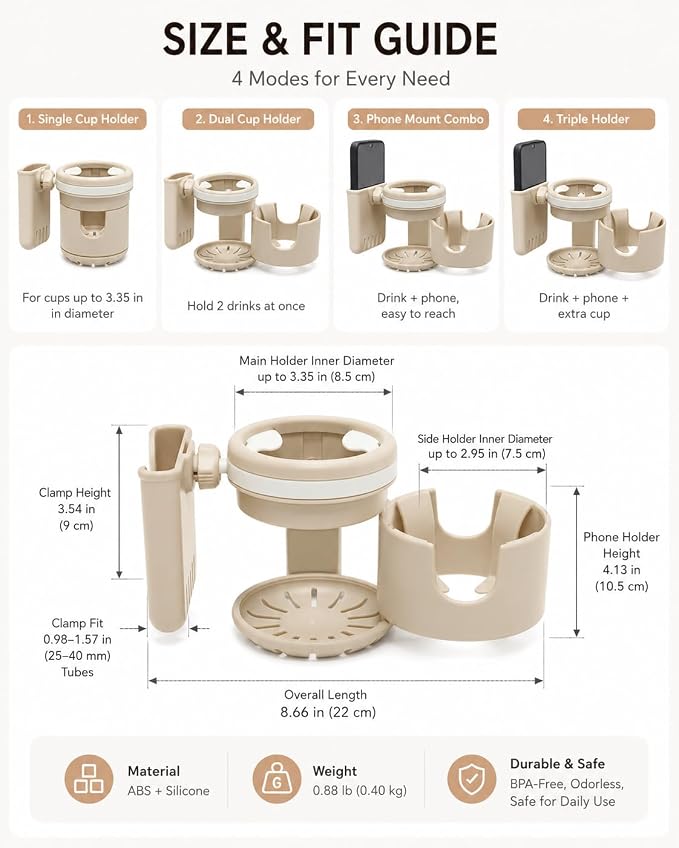 3-in-1 Stroller Cup Holder with Phone Holder, Dual Cup Holder with Upgraded Double Clamp, Universal Cup Holder for Stroller, Walker, Wheelchair & Bike, Anti-Spill Stable Drink Organizer (Khaki)