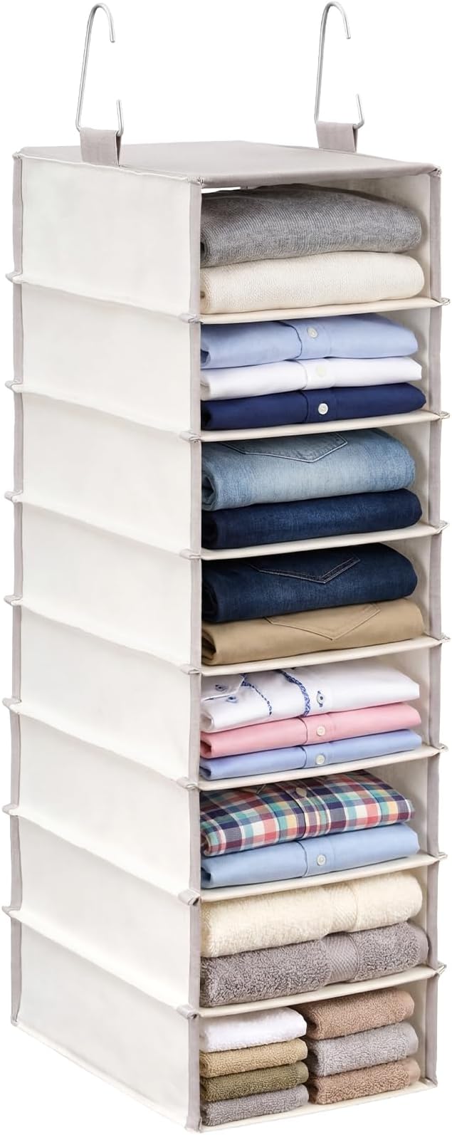 Tudomro 8 Tier Closet Organizer Hanging Canvas Clothes Storage Shelves with Metal Hooks for Rod Wire Foldable Breathable Beige 28" L x 8" D x 11.5" H Closets for Sweaters and Clothing