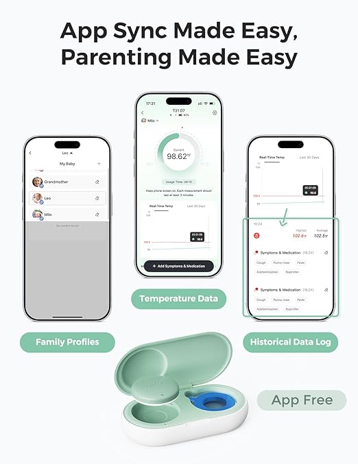 Momcozy Wearable Digital Thermometer for Baby, Medical-Grade Accurate Smart Thermometer, Instant Reads, APP Real-time Monitoring for Infants & Kids, Hypoallergenic 3M Stiker,Bluetooth, Green