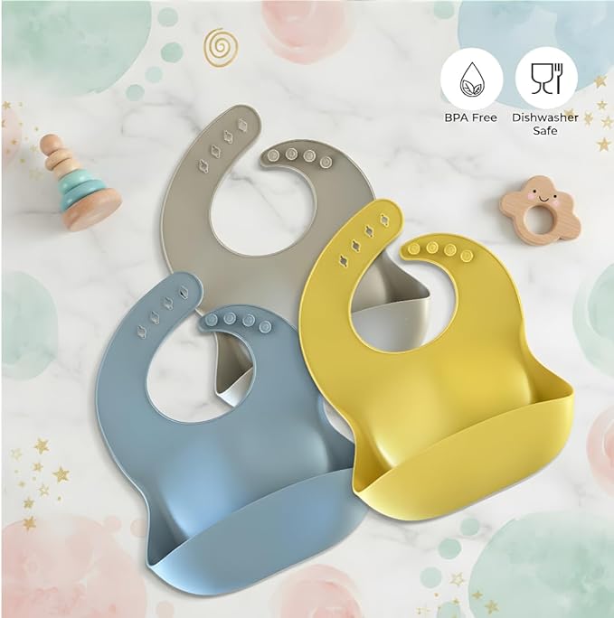 Silicone Baby Feeding Bibs ??Waterproof, BPA-Free, Soft & Adjustable with Crumb Catcher ??Easy to Clean