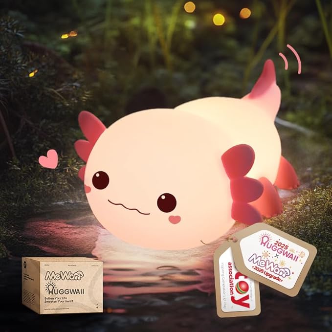 Mewaii Huggwaii Squishy Axolotl Night Light for Kids ??Dimmable Silicone Axolotl Lamp, 2025 Upgraded Baby Night Light, Rechargeable, 20H Battery Life, Sleep Aid Gift for Toddlers, Girls&Room Decor