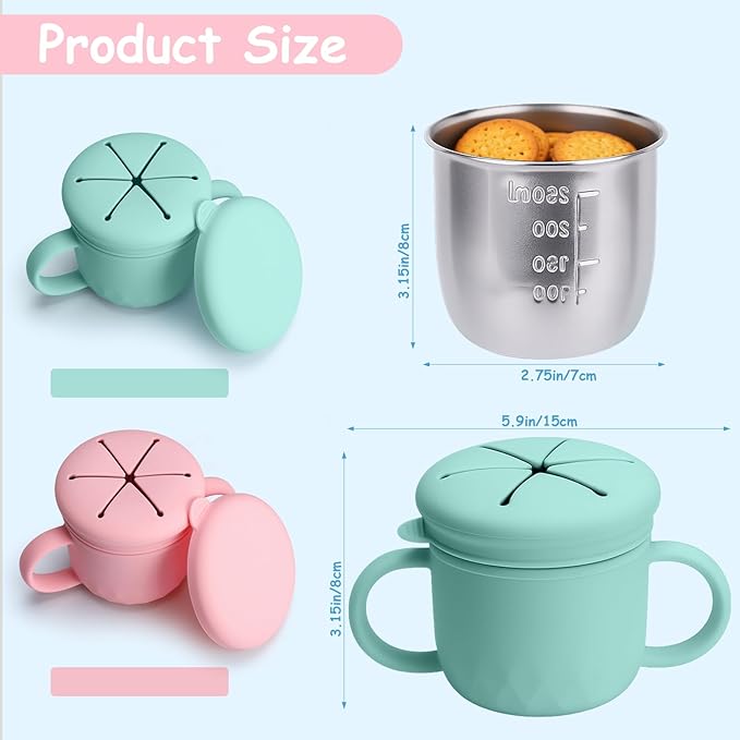 Snack Cups for Toddlers Spill Proof, Stainless Steel Snack Containers for Kids, Reusable Toddler Snack Containers with Lid & Handle, Baby Snack Cups, Dishwasher Safe