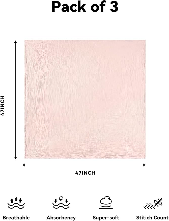 TILLYOU 3 Pack Muslin Swaddles for Newborns, Breathable and Soft Baby Blankets for Girls Boys, Cotton Blanket Baby Wrap Swaddle 47"X47", Pink Purple