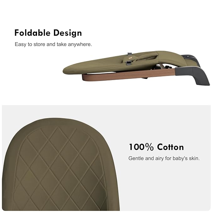 Foldable Baby Bouncer, Baby Seat with 3 Adjustable Heights, Portable Newborn Rocker, Ergonomic Bouncy Seat for Natural Bounce, Bouncer for Babies 0-6 Months, Soft Cotton (Green)