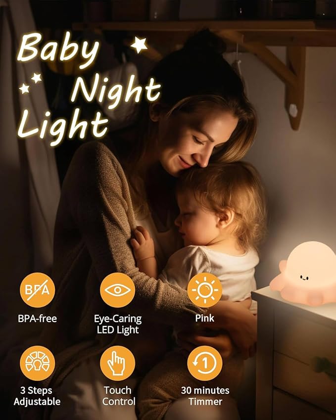 Cute Octopus Rechargeable Silicone Night Light for Kids, Dimmable Touch Control Nightlight with Timer, Portable USB Baby Night Lamp for Nursery, Bedroom