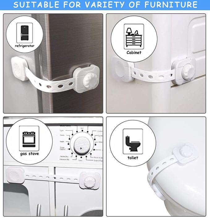 SPY KIDS Child Safety Locks Latches for Drawers Cupboard Cabinet Fridge Door Toilet Seat and Dustbin |Strong Adhesive 3M Tape |White Color |8.6 Inches (Pack of 6Pcs, Grey)