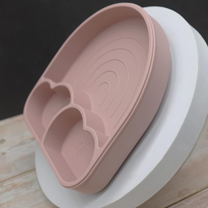 Rainbow & Butterflies |7 Piece| Silicone Baby Feeding Set – |Bib, Suction Bowl, Training Cup, Sectional Suction Plate & Lid, Spoon & Fork| – Food Grade Silicone, BPA Free (Baby Pink)