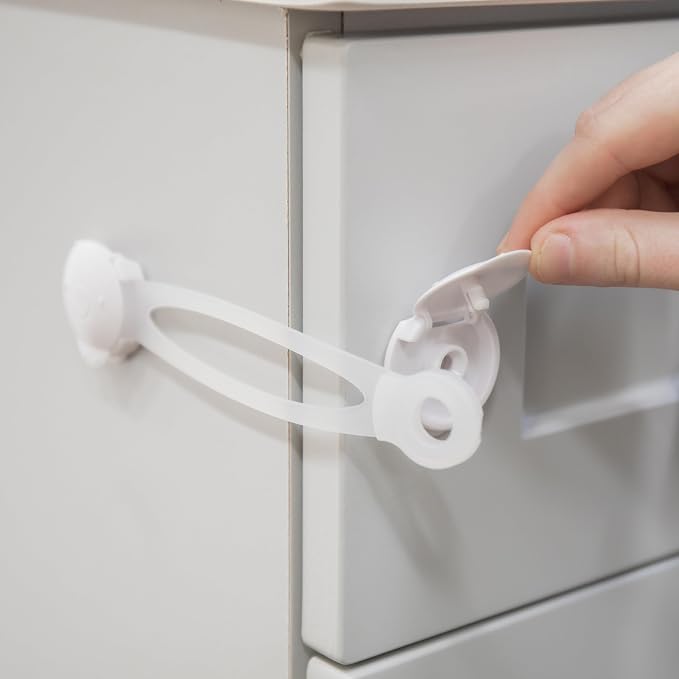 Regalo 3 Pack Child Safety Cabinet Locks, No Drill Adhesive Baby Proofing Latches for Drawers, Fridge and Cabinets, Multi-Purpose 3M Straps, White
