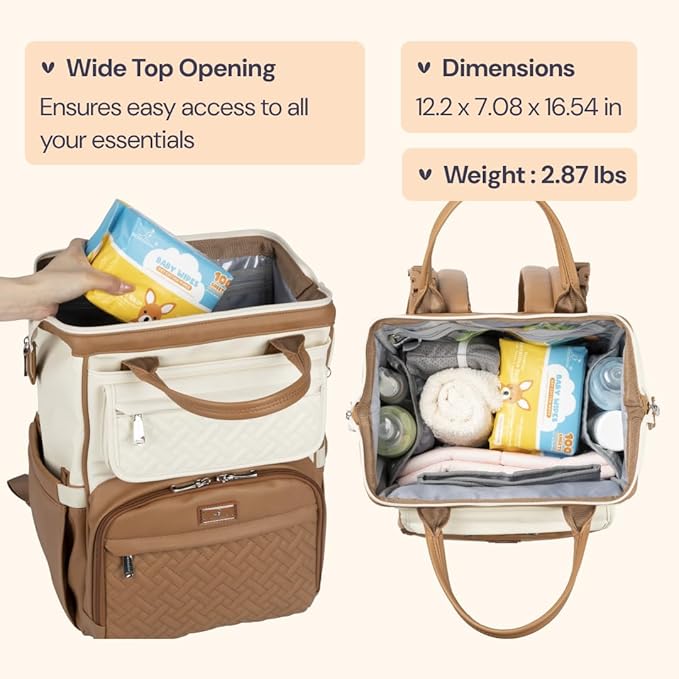 BabbleRoo Leather Diaper Bag Backpack, Multifunction Large Bags with Changing Pad & Stroller Straps & Pacifier Case, Unisex Stylish Travel Back Pack Nappy Changing Bag for Moms Dads (Caramel Cream)