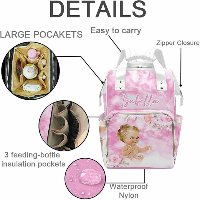 M YESCUSTOM Personalized Pink Diaper Bag Backpack with Name Custom Mommy Nursing Bag with Name for Women Wife