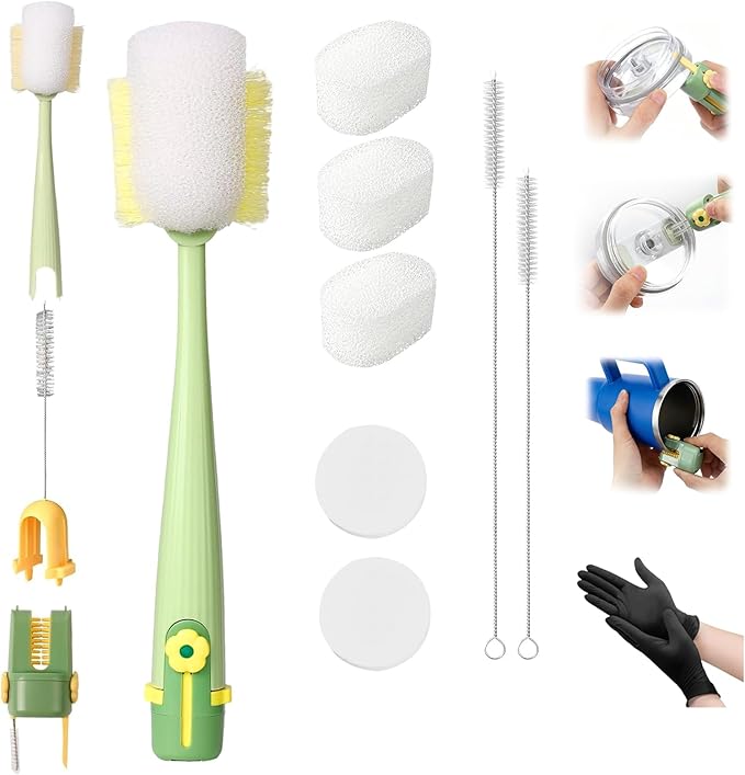 5-in-1 Multi-Purpose Cleaning Brush Set, Water Bottle Cleaning Brush Set, Portable Long-Handled Bottle Brush for Wide-Mouth Mugs, Stainless Steel Cups, Baby Bottles, and Travel Tumblers (Green)