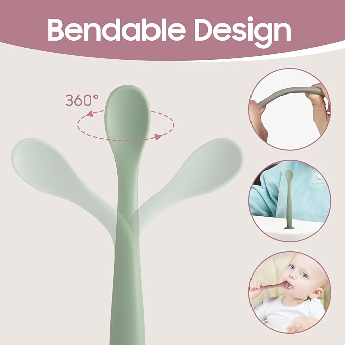 Baby Spoons, BEMEI Silicone Baby Spoons Self Feeding 6+ Months, Soft & Gentle Textured Baby Feeding Spoon with Fixed Suction Cup, Dishwasher Safe 【grey+kahaki+brown】
