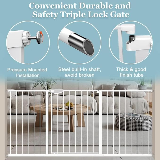 WAOWAO Triple Lock 77.17-84.65" Baby Gate Extra Wide Pressure Mounted Walk Through Swing Auto Close Safety White Metal Dog Pet Puppy for Stairs,Doorways,Kitchen