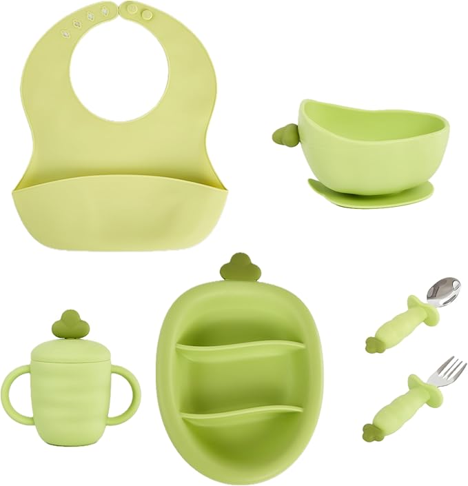 Silicone Baby Feeding Gift Set ??Suction Plate, Bowl, Training Cup, Fork, Spoon & Bib (6-Piece) (Green)
