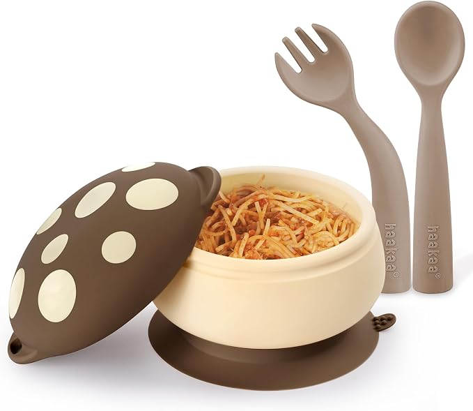 haakaa Silicone Mushroom Bowl & Bendy Cutlery Set – Baby Bowls with Suction & Spillproof Lid, Baby Spoons & Forks for Self Feeding, BPA-Free - Walnut