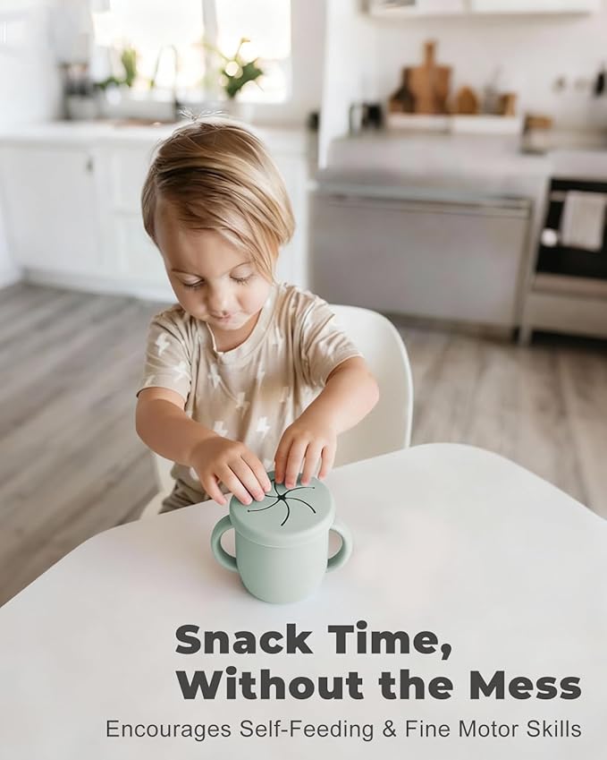 Bakpoco 4-in-1 Stainless Steel Silicone Sippy Cup, 8.5oz Toddler Open Cup with Straw, Sippy & Snack Lids, For Baby Led Weaning, Toddlers 1-3 Years Trainning Kids Drinking, Dishwasher Safe, Sage