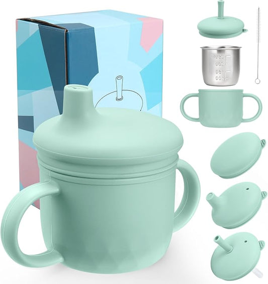 Mity rain 3-In-1 Stainless Steel Sippy Cup for 6+ Month Old, Baby Straw Cups for Toddlers 1-3 with Travel Lid, Silicone Straw, Replacement Straw & Cleaning Brush - 8oz Toddler Cups Spill Proof Set