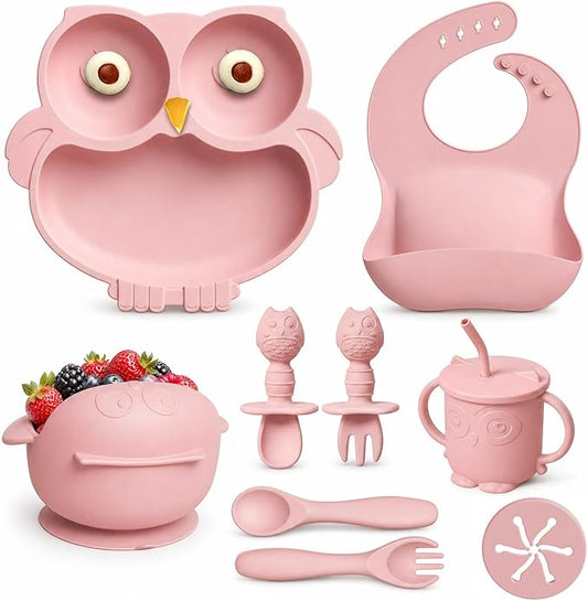 Silicone Baby Feeding Set with Spoon, Bowls, Plates with Suction, Bib, and Toddler Sippy Cups with Replaceable Snack Lids, Pink