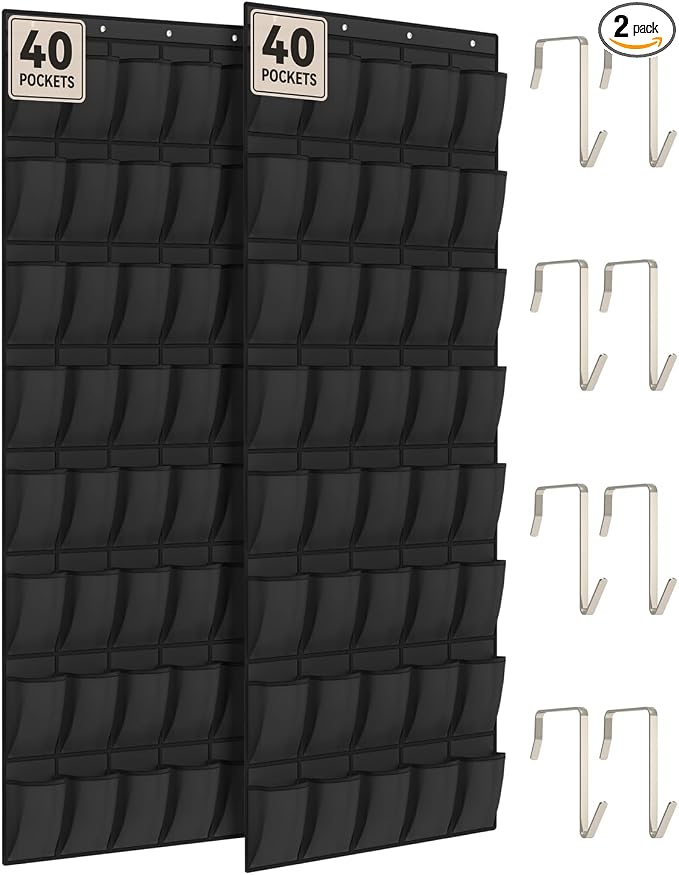 dodowin Over the Door Shoe Organizers, 2 Pack - 40 Deep Mesh Pockets Each, Over The Door Shoe Rack with 4 Metal Hooks Each, Space Saving Hanging Storage Holder for Closets, Shoes & Accessories, Black