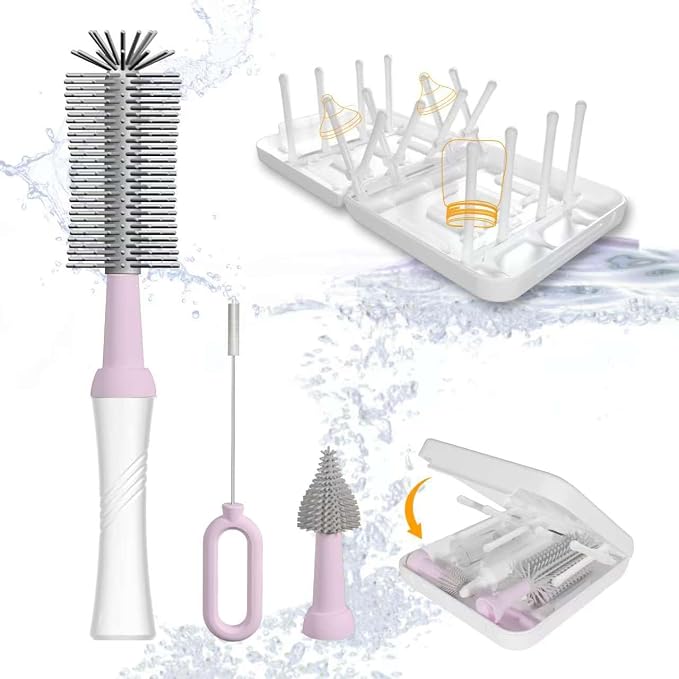 Portable Baby Bottle Brush Set with Multiple Brushes,Soap Dispenser, Foldable Bottle Drying Rack for 16 Bottles, Bottle Cleaner Brush Set for Bottles and Baby Accessories, Baby Travel Essential