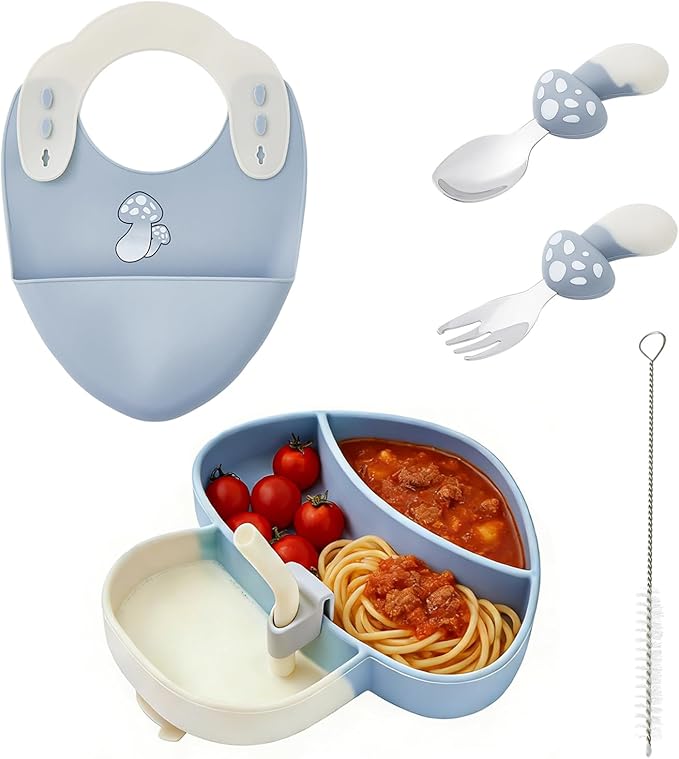 5-Piece Silicone Baby Feeding Set ??Baby Plates with Strong Suction, Toddler Plates Set, Unbreakable Food-Grade Silicone Divided Plate with Spoon, Fork, Bib & Straw Brush