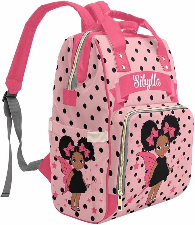 M YESCUSTOM Personalized Pink Baby Diaper Bag, Customized Name Black Dots On Pink Mommy Nursing Backpack Multifunction Travel Daypack for Mother's Day Birthday Gift