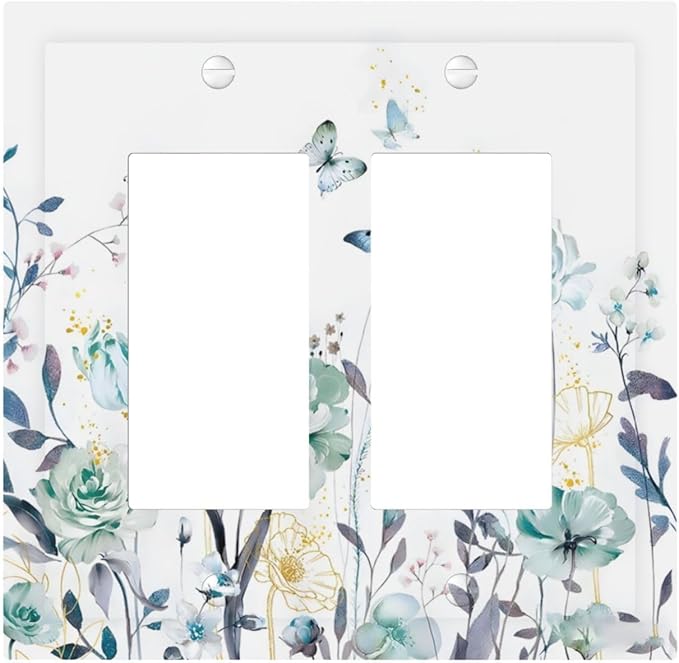 Romantic Floral Butterfly Leaf Flower Golden Pollen Decorative Outlet Covers 2 Gang Double GFCI Rocker Electrical Wall Panels Light Switch Cover Plate for Bedroom Living Room Decor