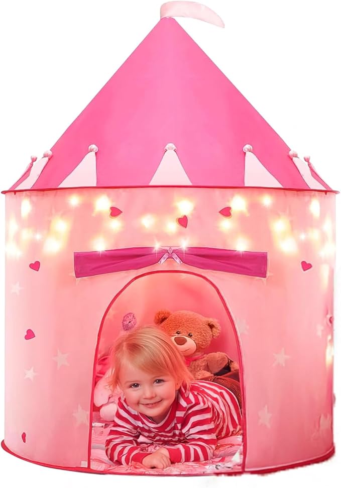 Princess Toy Tent with LED Star Lights for Little Girls - Princess Castle Tent - Indoor and Outdoor Girls Castle Playhouse