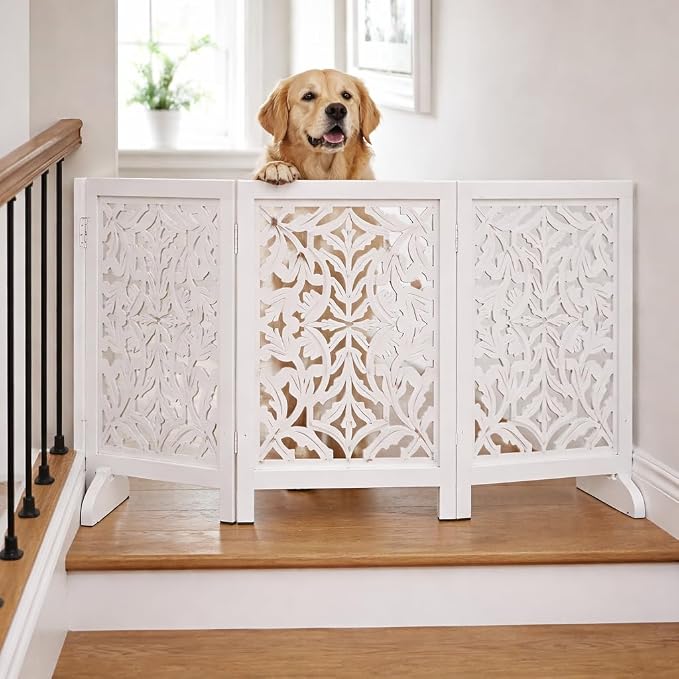 Free Standing Dog Gate – 3 Panel Foldable Wooden pet gate Indoor 54" W x 24" H, Hand-Carved Solid Wood & MDF, Portable Indoor Gate for Doorways, Halls, Stairs – Fully Assembled_ White Antique