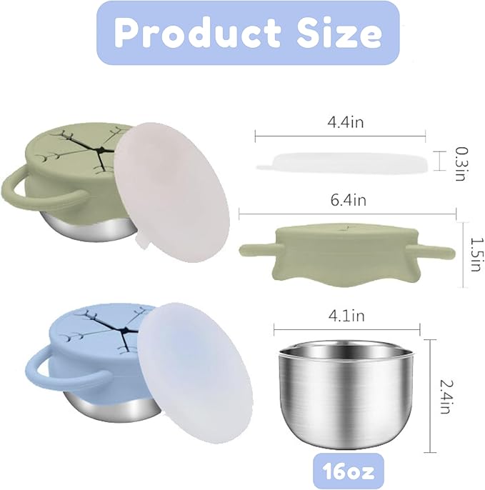 2-Pack Stainless Steel Toddler Snack Cups ??Wide Mouth Spill-Proof Snack Containers with Silicone Lid & Dual Handles for Travel (Blue & Sage)