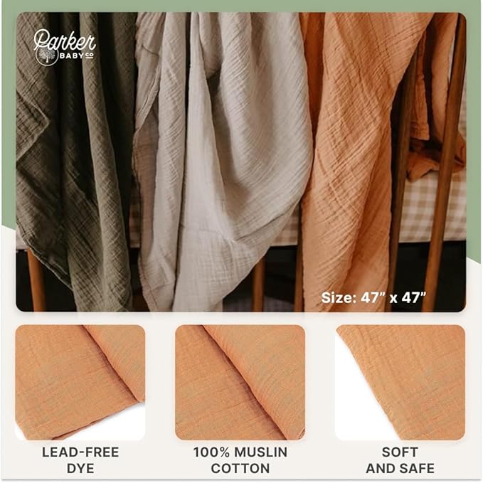 Parker Baby Swaddle Blankets - 3 Pack of 100% Cotton Muslin Swaddle Blankets for Baby Boys and Girls - Unisex/Gender Neutral - Estes Set
