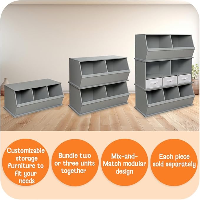 Badger Basket Two Bin Stackable Toy Storage Cubby Organizer ??Modular Storage for Toys, Books, and Crafts ??Solid Wood Panel - White