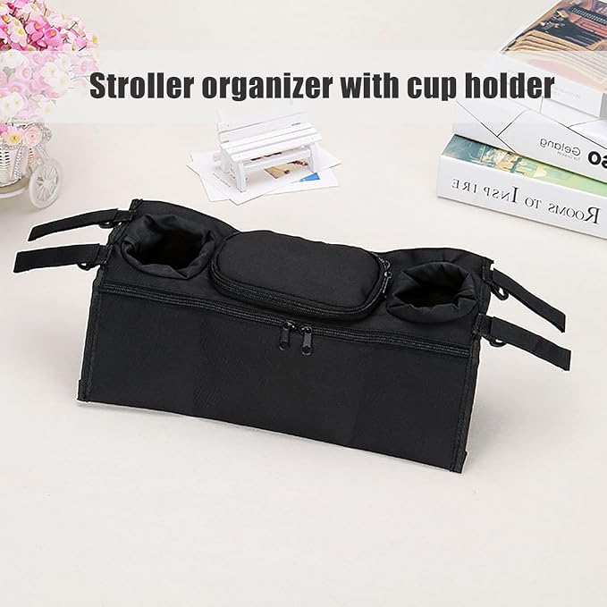 Stroller Organizer with 2 Insulated Cup Holder, Universal Stroller Caddy Accessories Zipper Design Durable Stroller Organizer Bag for All Baby Strollers (Dark blue)