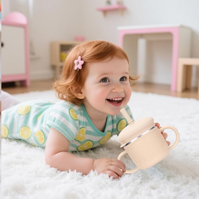 BUSOHA Stainless Steel Toddler Sippy Cup ??8oz Spill-Proof Straw Cup for 6+ Month Babies & Toddlers, 3-in-1 Reusable Travel Cup with Brush ??Dishwasher Safe, Kids Drinking Cup,Beige