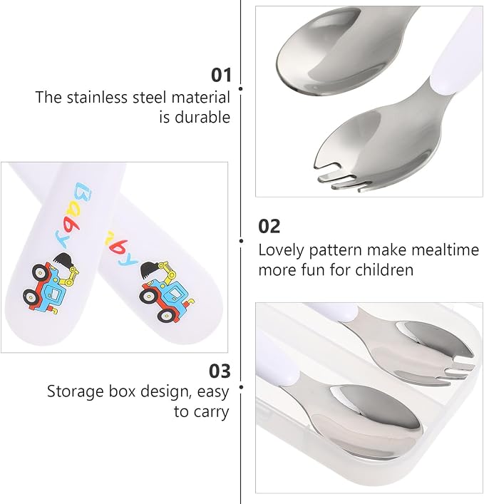 Nonslip Fork and Spoon with Stainless Steel Tableware Safe Rounded Edges for - Includes Portable Storage Box for Newborns and Training