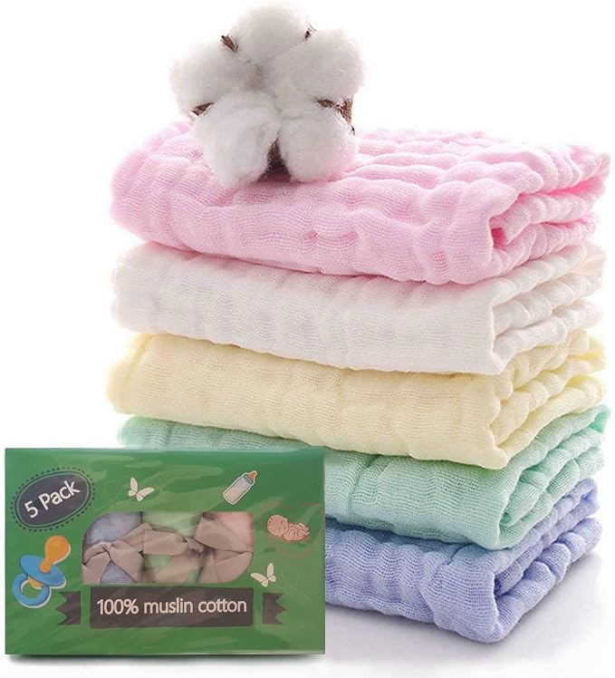 Muslin Baby Burp Cloths, 100% Muslin Cotton Burp Napkins for Newborn Girls and Boys, Absorbent Soft Muslin Baby Burping Rags 10' by 20', 6 Layers Infant Feeding Wipes (Multicolored, Pack of 5).